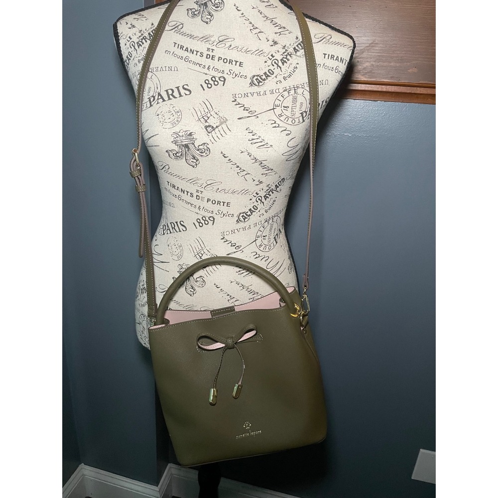 Nanette Lepore Olive Green Saffiano Faux Leather Crossbody Bucket Bag Pink